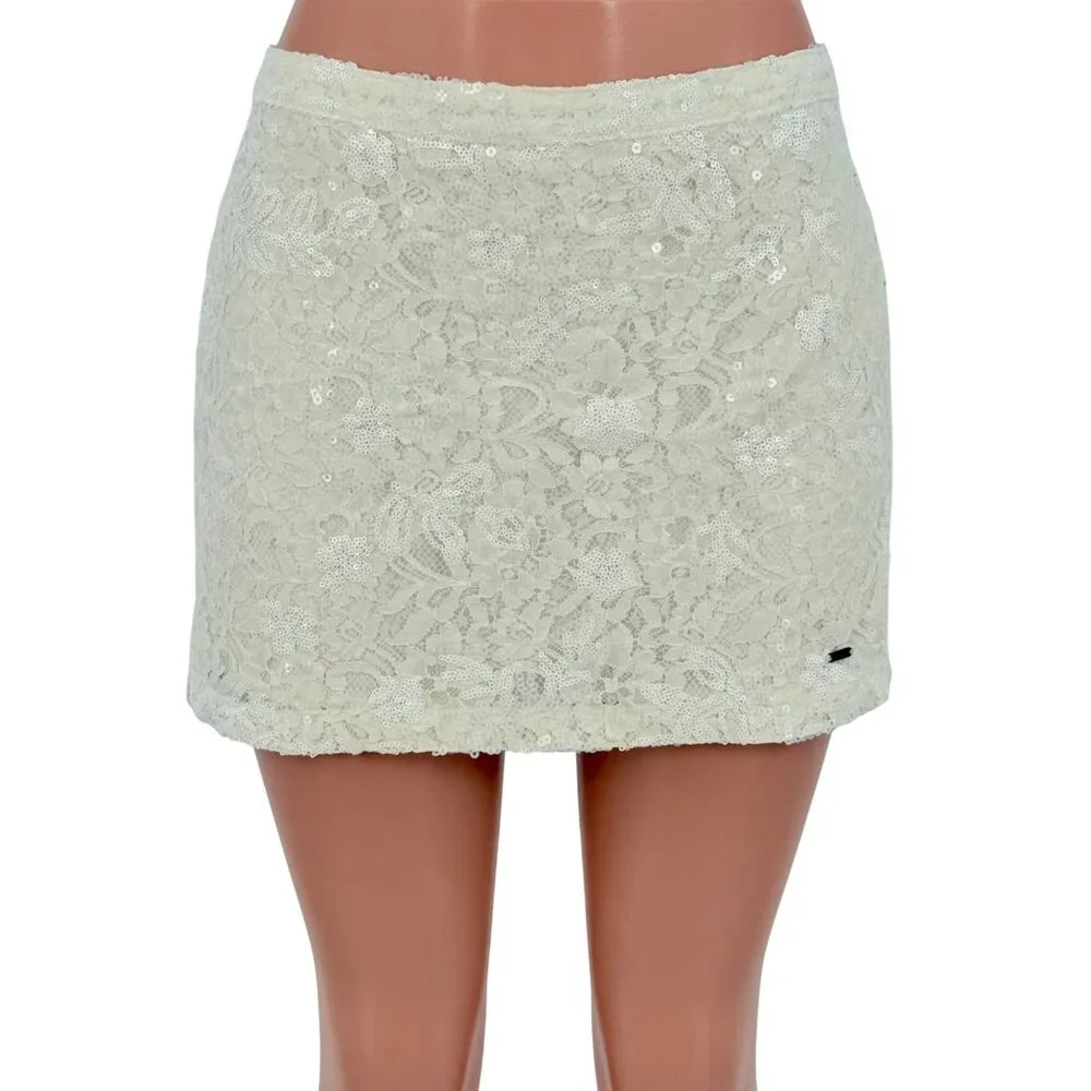 Vintage Hollister Cream Floral Lace & Sequin Embellished Mini Skirt Y2K - Picture 12 of 16